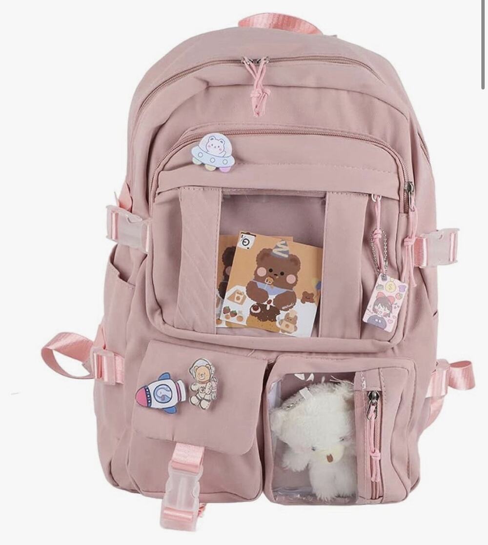 Pink Kids Backpack w/ Laptop Compartment, Bear bag charm and pins included
